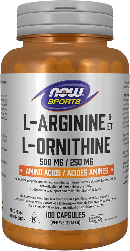 NOW Sports, L-Arginine & L-Ornithine 500/250 mg, Amino Acids, 100 Veg Capsules