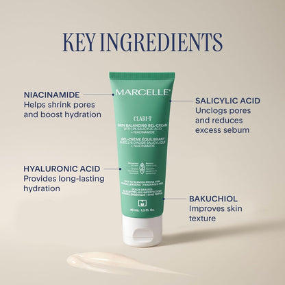 Marcelle Clari-T Skin Balancing Gel-Cream with 2% Salicylic Acid + Niacinamide, Face Moisturizer, Clarifying & Exfoliating, Vegan, Cruelty-Free, Hypoallergenic, Fragrance-Free, Non-Comedogenic, 40 mL