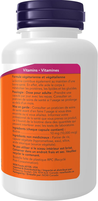 NOW Supplements，生物素 10 毫克（10,000 微克），超強效，能量生成，120 粒素食膠囊