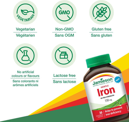 Jamieson 強效補鐵 150 毫克，有助於預防缺鐵，溫和呵護腸胃。非基因改造，無麩質，不含人工色素、香精或防腐劑，150 粒素食膠囊
