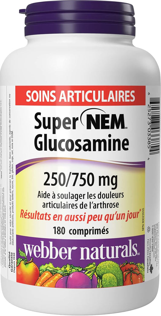 Webber Naturals Super NEM Glucosamine, 180 Tablets, Natural Eggshell Membrane for Support of Joint Pain and Stiffness, Non-GMO, Gluten and Dairy Free