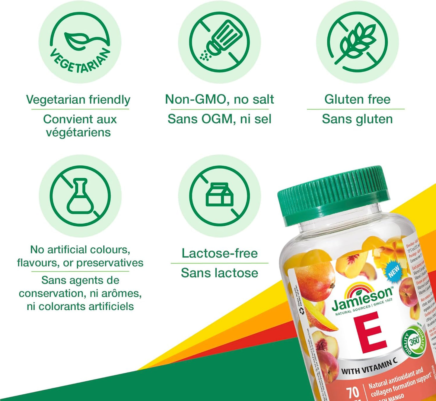 Jamieson 維生素 E 100 IU 軟糖，桃子芒果口味，含 25 毫克維生素 C。富含抗氧化劑，支持健康新陳代謝，增強免疫力，無麩質，不含人工色素、香精或防腐劑，7…