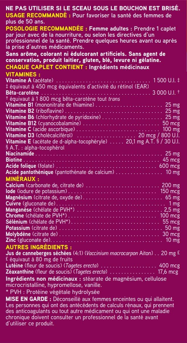 瑞士天然全效複合維生素和礦物質 | 50歲以上女性適用，含鈣、蔓越莓和維生素B12，不含鐵 | 日常維護整體健康 | 不含防腐劑或乳製品 | 90粒膠囊