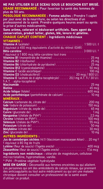瑞士天然全效複合維生素和礦物質 | 50歲以上女性適用，含鈣、蔓越莓和維生素B12，不含鐵 | 日常維護整體健康 | 不含防腐劑或乳製品 | 90粒膠囊