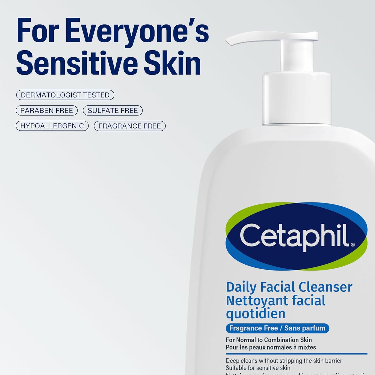 Cetaphil Daily Facial Cleanser Fragrance Free (473ml) - Deep Cleansing Face Wash, Ideal for Normal to Combination to Oily Skin, Dermatologist Tested