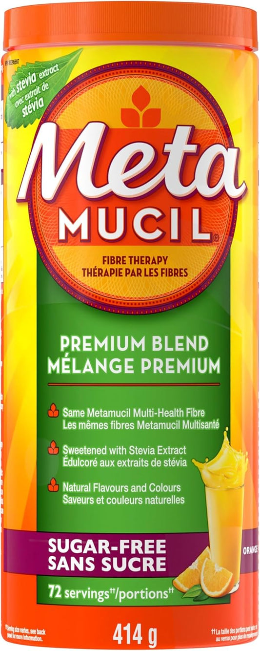 Metamucil 優質混合物，四合一每日膳食纖維，促進消化健康，植物基車前子殼粉補充劑，無糖，含甜菊糖，橙味，72 份