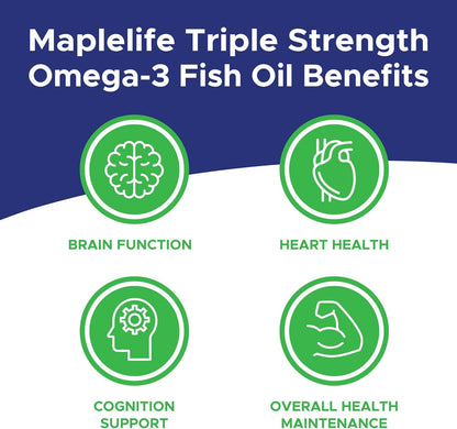 MapleLife Nutrition® - 三重强度 - Omega-3 鱼油 - 大脑 + 心脏健康 - 必需脂肪酸 - DHA、EPA - 鱼油软胶囊 2000 毫克 - 300 粒软胶囊