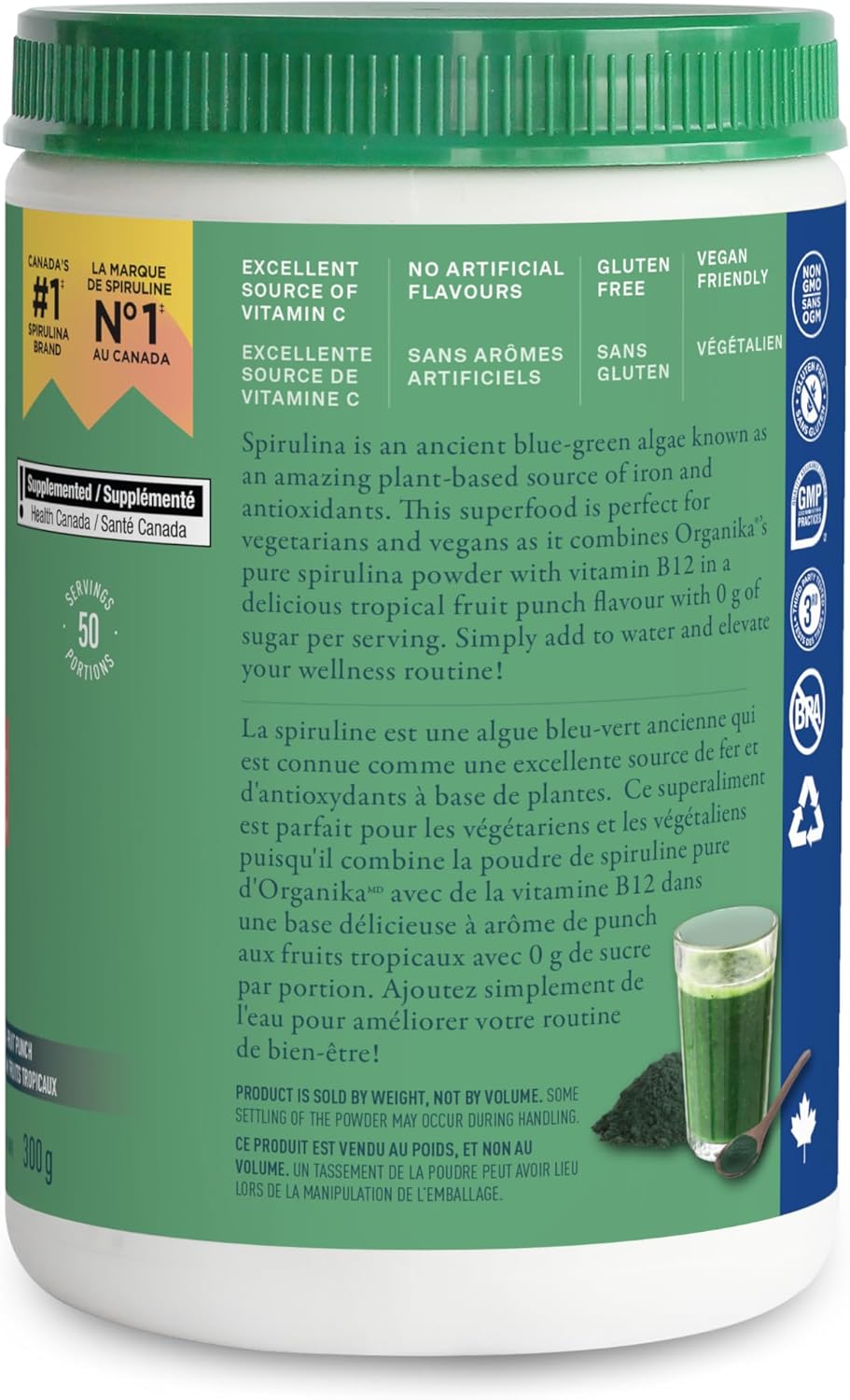 Organika 螺旋藻 + B12 粉 - 热带水果宾治口味 - 无糖，超级食品，植物性 B12（250 微克）和蛋白质来源，富含抗氧化剂和维生素 + 矿物质 - 300 克