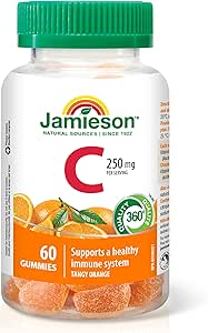 Jamieson 維生素 C 250 毫克軟糖，天然濃鬱橙味，有助於增強免疫力，強健牙齒和骨骼。適合全家（3 歲以上），素食，非基因，不含明膠，不含人工香料、色素或防腐劑…
