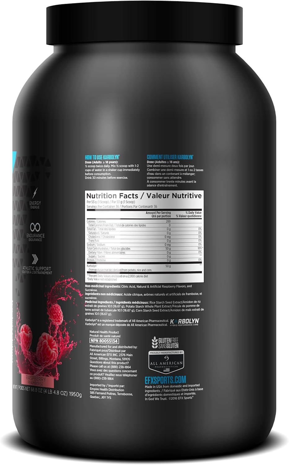 Karbolyn Fuel 复合碳水化合物运动后和运动前粉，经临床测试，强效能量补充奶昔，覆盆子味，4.4 磅