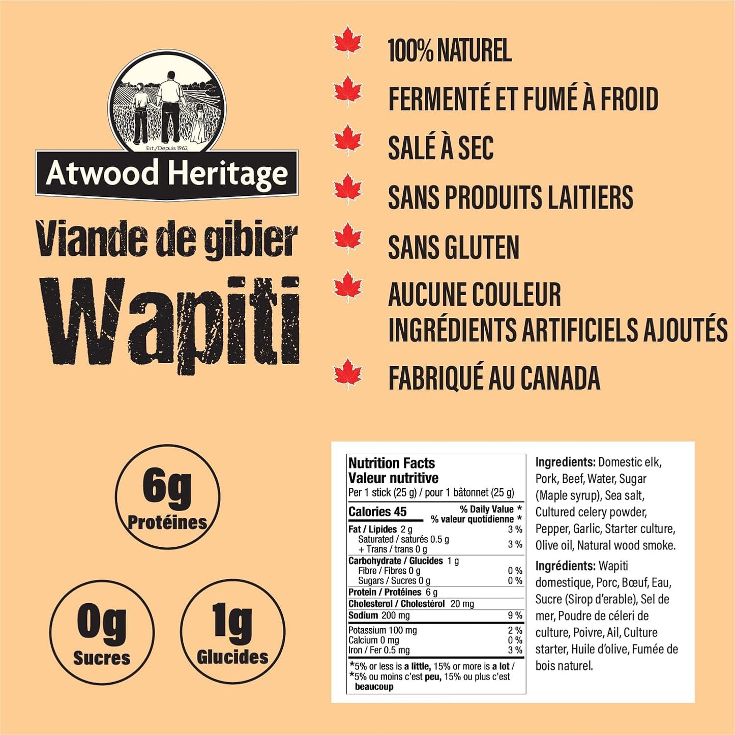 Atwood Heritage 麋鹿、豬肉和牛肉零食棒，5 根，125 克，高蛋白，無麩質，無硝酸鹽，加拿大製造