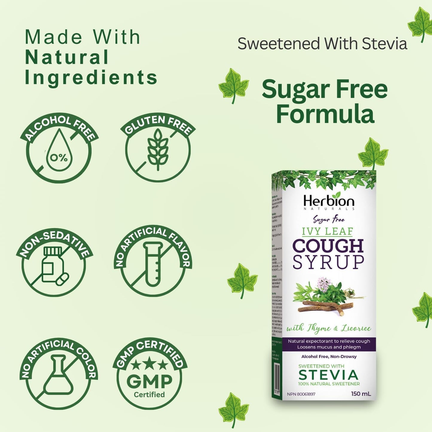 Herbion Naturals 常春藤叶百里香止咳糖浆，150 毫升 - 天然祛痰药；缓解咳嗽；化痰；适用于成人和 4 岁及以上儿童