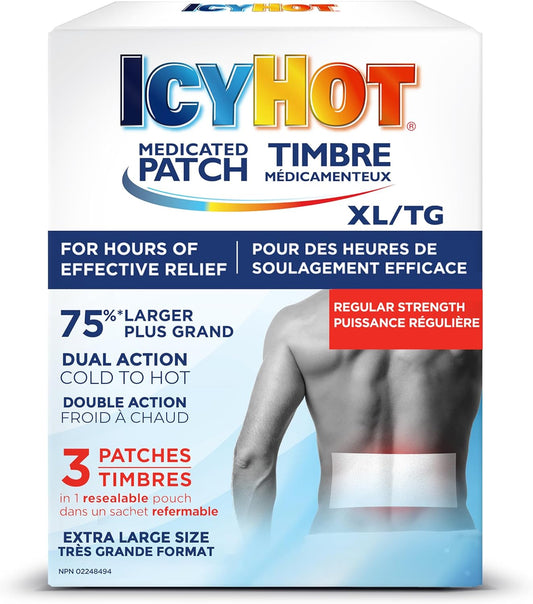 冰热药用加大号止痛贴，大号贴片，用于暂时缓解关节炎、腰痛、背痛和肌肉疼痛，薄荷醇 5%，3 片