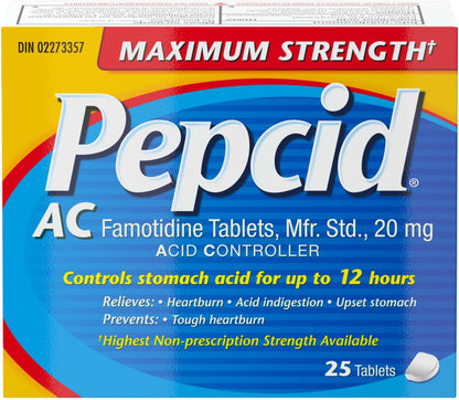 Pepcid Acid Controller, Maximum Strength Tablets, Acid Reducer for Heartburn, Acid Reflux and Upset Stomach Relief, 25 Tablets