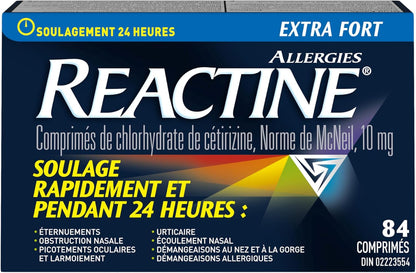 Reactine Extra Strength Antihistamine Tablets - 10mg Cetirizine Hydrochloride - 24 Hour Allergy Relief Medicine - 84 Count