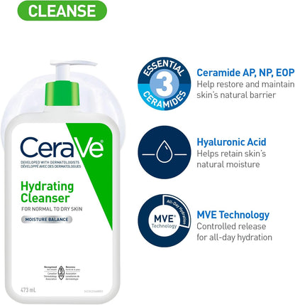 CeraVe 洁面乳和面霜套装（3 件装）、Cerave 日常必需品、保湿洁面乳、上午保湿乳液 SPF 30 和下午保湿乳液，含透明质酸和神经酰胺，无香型