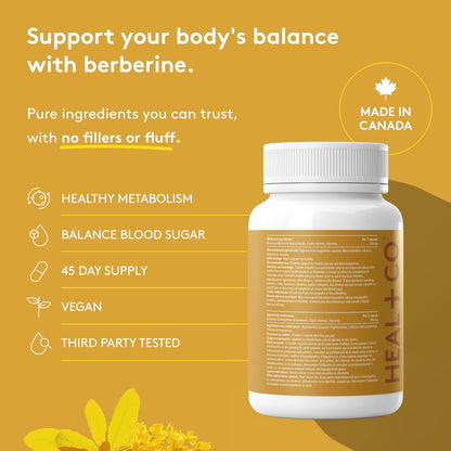 Heal + Co. Berberine 1000mg - High Power, Ultra-Pure, Organic, Superfood - Vegan, GMO-Free, Gluten-Free, Allergen-Free - Box of 90 Vegetable Capsules