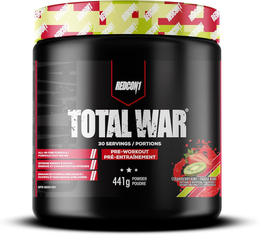 REDCON1 Total War 運動前粉，草莓奇異果 - β-丙氨酸 + 瓜氨酸蘋果酸，適合素食者和生酮飲食者，適合男性和女性，含 250 毫克咖啡因 - 速效 HMB（30 份）