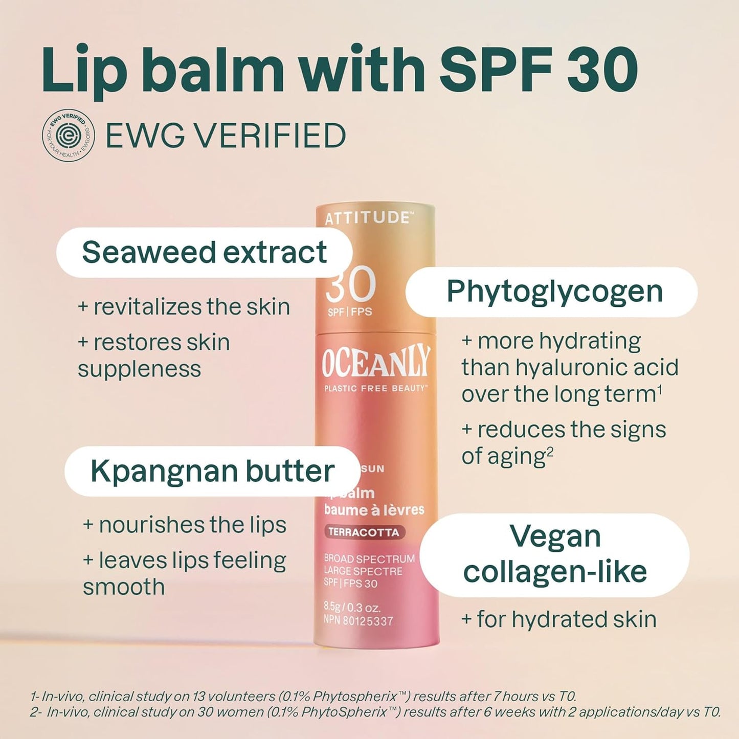 ATTITUDE 海洋润色润唇膏，SPF 30，加拿大制造，经 EWG 认证，无塑料，广谱 UVA/UVB 防护，含氧化锌，纯素，无香型，赤陶色，8.5 克