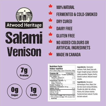 Atwood Heritage 鹿肉、豬肉和牛肉切片薩拉米香腸，125克，高蛋白，無麩質，無硝酸鹽，加拿大製造