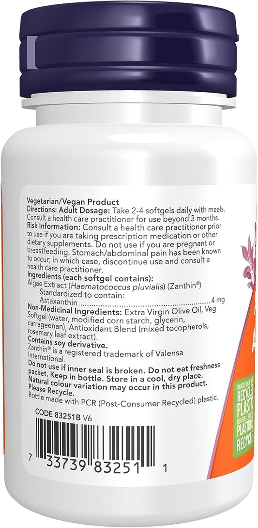 NOW Supplements，蝦紅素 4 毫克，含 Zanthin，支持眼部健康，60 粒素食軟膠囊