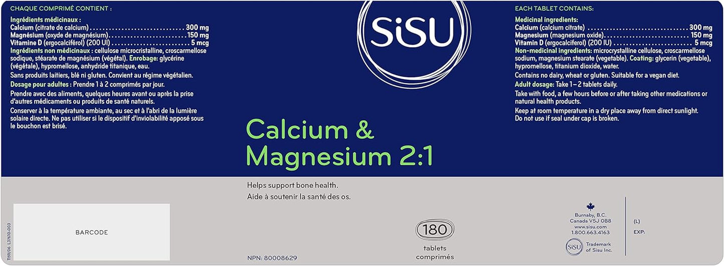 SISU 鈣鎂片 2:1 含維生素 D2 | 檸檬酸鈣、氧化鎂和維生素 D2 高效配方 | 非基因改造、無麩質、無乳製品，180 片
