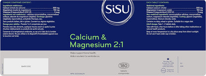 SISU 鈣鎂片 2:1 含維生素 D2 | 檸檬酸鈣、氧化鎂和維生素 D2 高效配方 | 非基因改造、無麩質、無乳製品，180 片