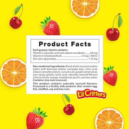 L'IL CRITTERS 免疫 C Plus 鋅軟糖維生素，天然色素和香料，190 粒