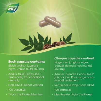 Nature's Way 黑胡桃壳 - 传统上用作驱虫剂 - 有助于驱除肠道蠕虫 - 非转基因认证 - 100 粒素食胶囊