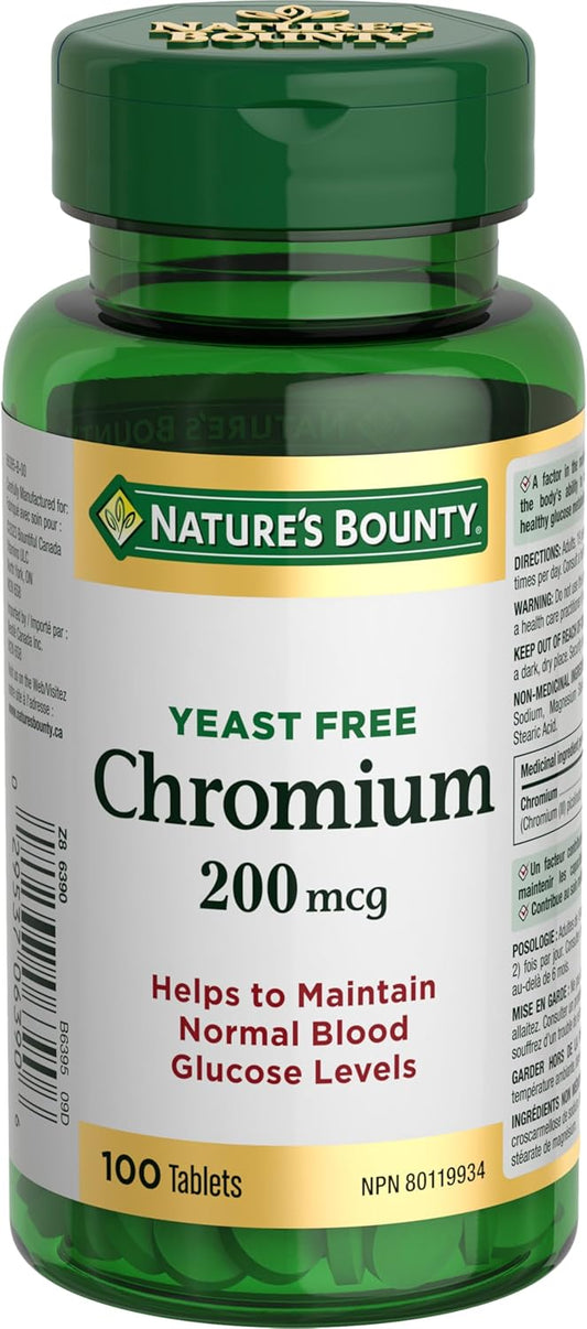 NATURE'S BOUNTY Chromium, Yeast Free, 200 mg, Helps Maintain Normal Blood Glucose Levels, Helps to maintain the body's ability to metabolize nutrients, Provides Support for Healthy Glucose Metabolism, Tablets, 27 g