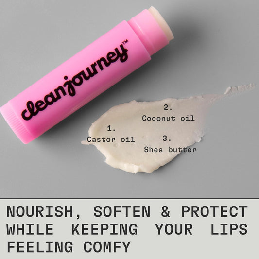 cleanjourney 潤唇膏套裝，99% 天然來源，滋養和保護，蓖麻油、椰子油和乳木果油，EWG 認證，純素，適用於乾燥的嘴唇，薄荷、覆盆子、異國情調和椰子，4.25 克（4 件裝）