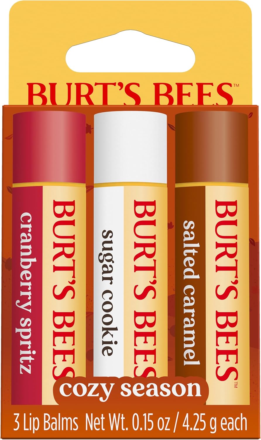 Burt's Bees 100% 天然保湿润唇膏，适用于干燥皲裂的嘴唇，令双唇柔软水润 - 3 支装 - （舒适季节）糖饼干、蔓越莓喷雾、咸焦糖