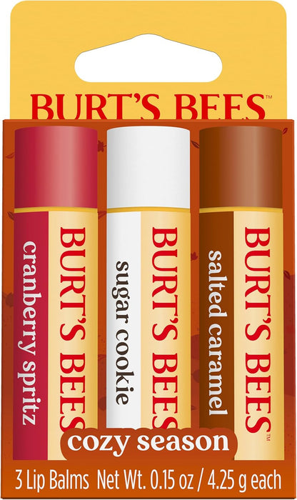 Burt's Bees 100% 天然保湿润唇膏，适用于干燥皲裂的嘴唇，令双唇柔软水润 - 3 支装 - （舒适季节）糖饼干、蔓越莓喷雾、咸焦糖