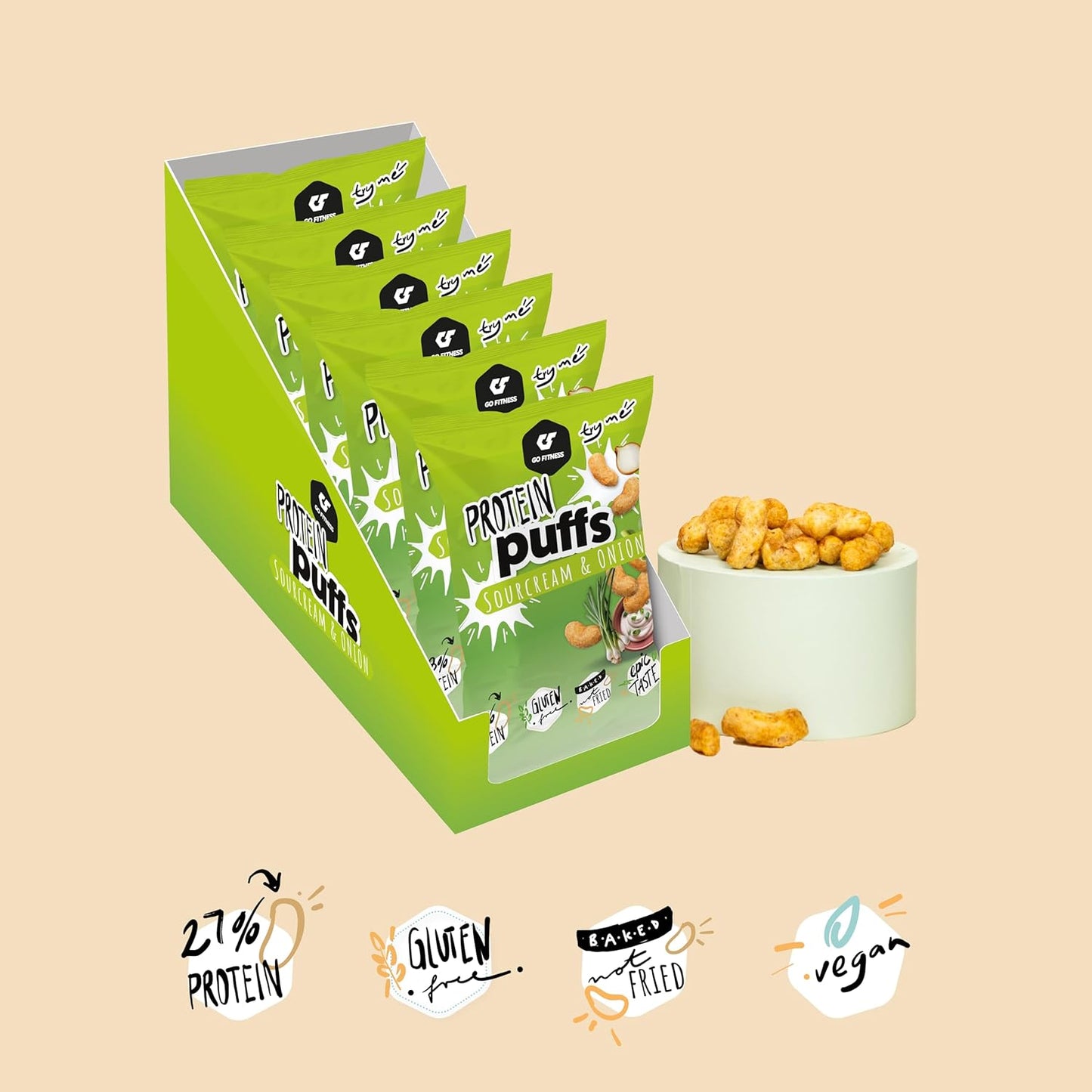 Go Fitness 高蛋白零食 - 泡芙，6 x 50 克，16 克蛋白质 - 扁豆片 - 蛋白质棒替代品和咸味零食（300 克（1 包），酸奶油和洋葱）