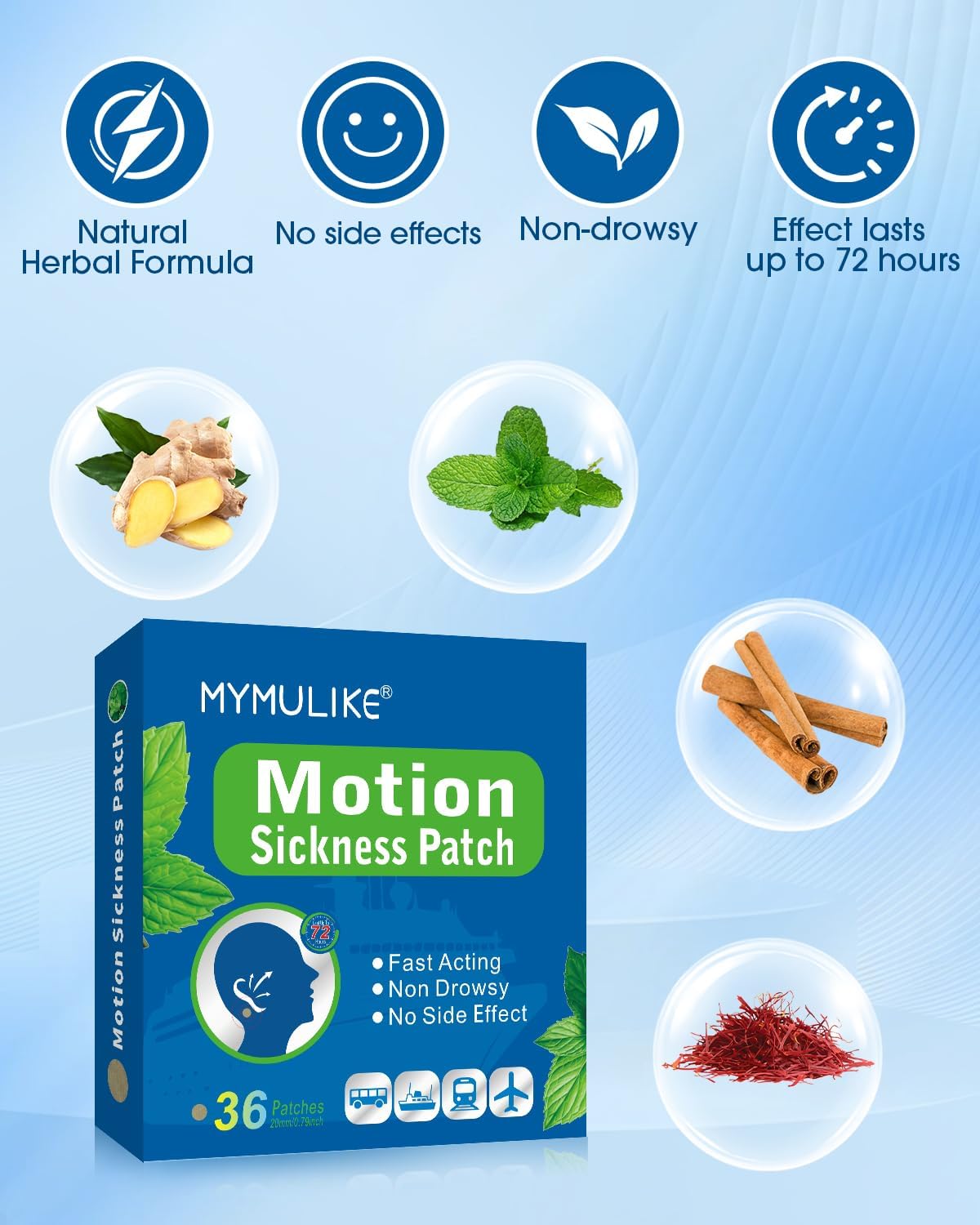 MYMULIKE 36 片暈車貼，不瞌睡暈船貼，適用於遊輪、飛機和其他交通工具 - 旅行必備，快速起效，72 小時持久