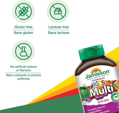Jamieson 儿童复合维生素咀嚼片，橙子、葡萄、樱桃和覆盆子口味，促进生长发育，强健骨骼和牙齿。预防缺铁，易于消化，无麸质、无乳糖、无添加剂……