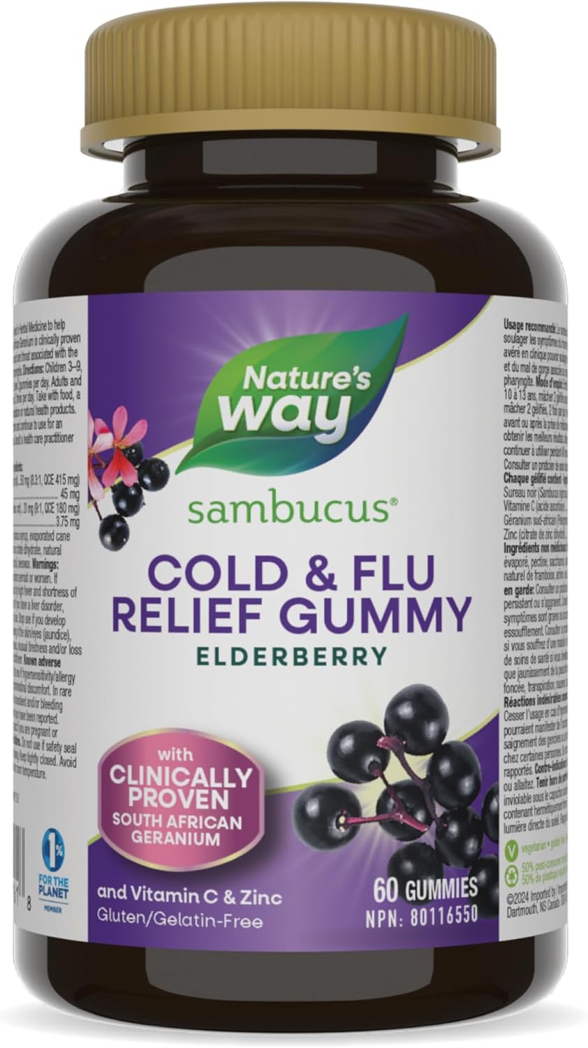 Nature's Way 接骨木感冒和流感缓解原味接骨木软糖 – 用于草药，帮助缓解成人症状（咳嗽、流鼻涕和喉咙痛），60 粒软糖