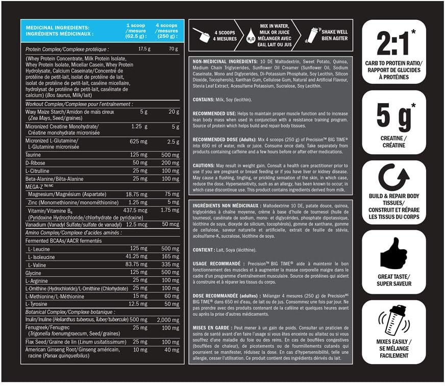 Precision Big Time Protein Powder Supplement - Vanilla flavour, 2.72 kg | Weight gainer, whole protein, sport-safe