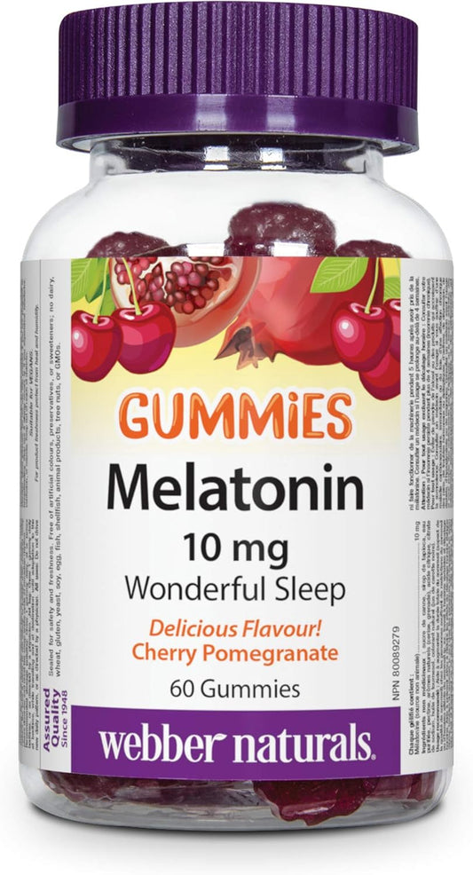 Webber Naturals Melatonin 10 mg Maximum Strength Gummy, 60 Gummies, Cherry Pomegranate Flavour & Melatonin 10 mg Maximum Strength, 120 Dual Action Release Tablets