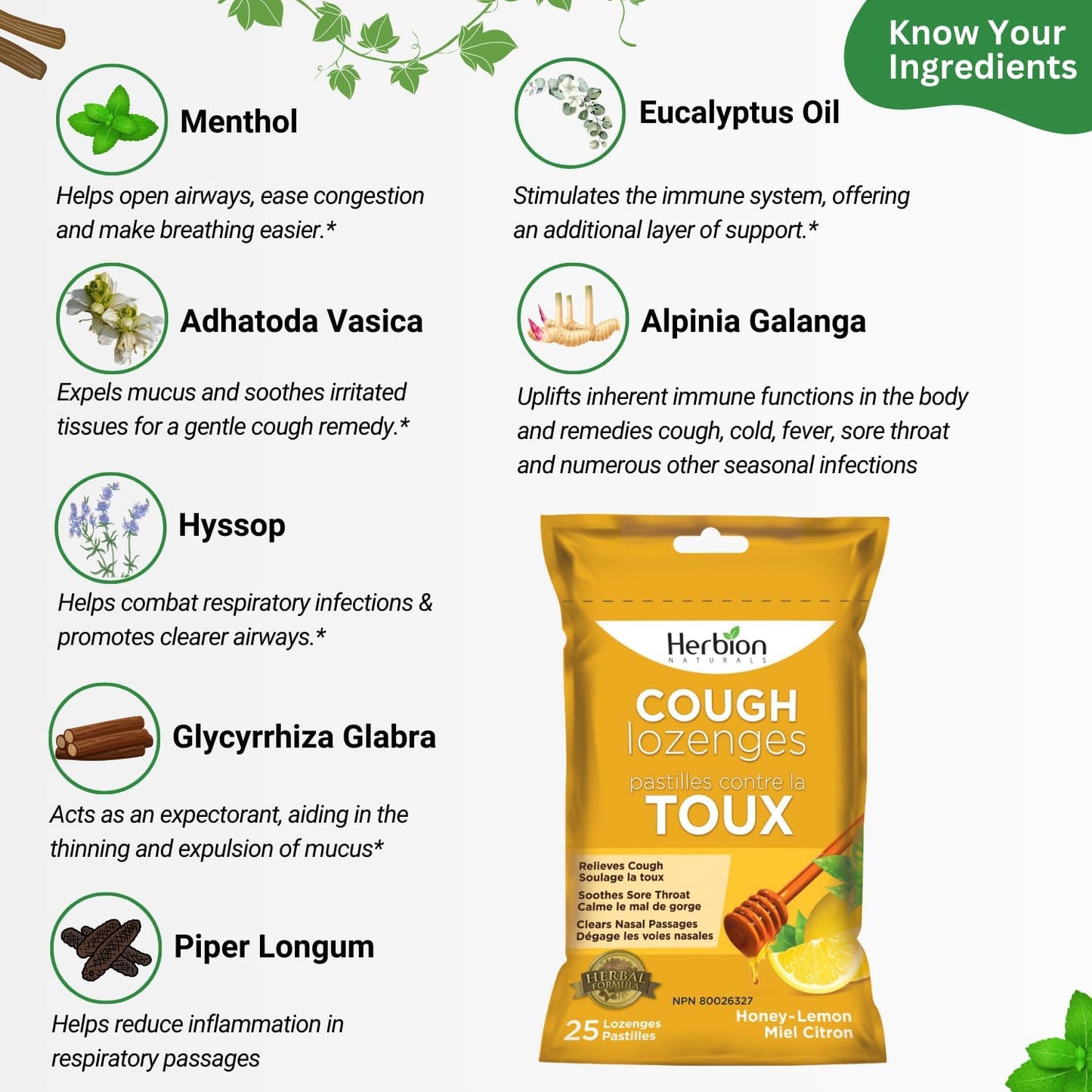 Herbion Naturals 天然蜂蜜柠檬味止咳润喉糖，25 粒润喉糖 - 缓解咳嗽、清除鼻塞、舒缓咽喉痛；适用于成人和 12 岁及以上儿童