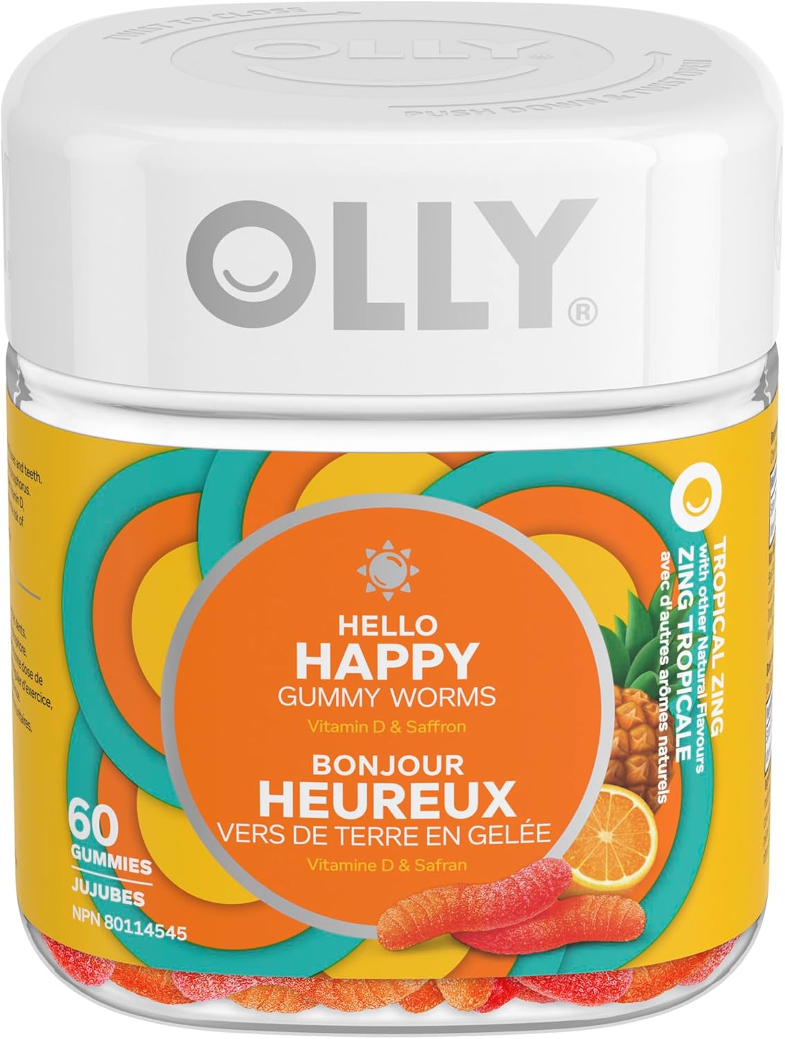 OLLY Hello Happy Gummy Worm 补充维生素热带风味和维生素 D 和每日能量软糖补充剂的混合物 100% 无咖啡因能量维生素热带激情混合物
