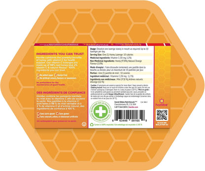 Honibe 100% 纯蜂蜜润喉糖 | 加拿大制造 | 添加维生素 C 以支持健康 | 1 包（10 粒润喉糖）| 天然橙子