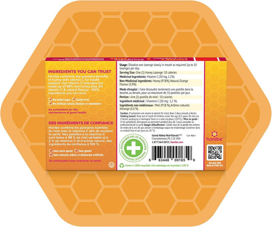 Honibe 100% 纯蜂蜜润喉糖 | 加拿大制造 | 添加维生素 C 以支持健康 | 1 包（10 粒润喉糖）| 天然橙子