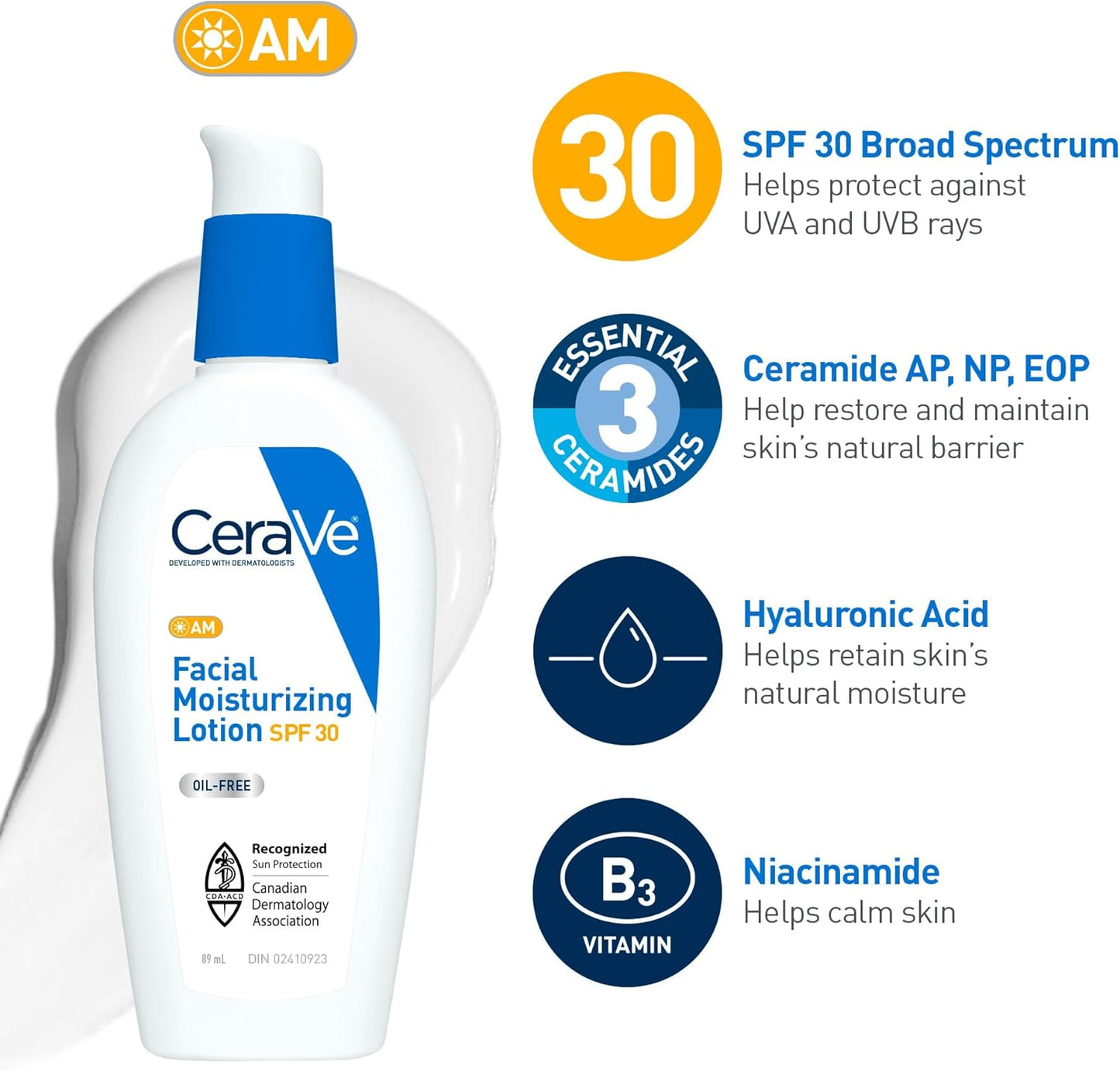 CeraVe 洁面乳和面霜套装（3 件装）、Cerave 日常必需品、保湿洁面乳、上午保湿乳液 SPF 30 和下午保湿乳液，含透明质酸和神经酰胺，无香型