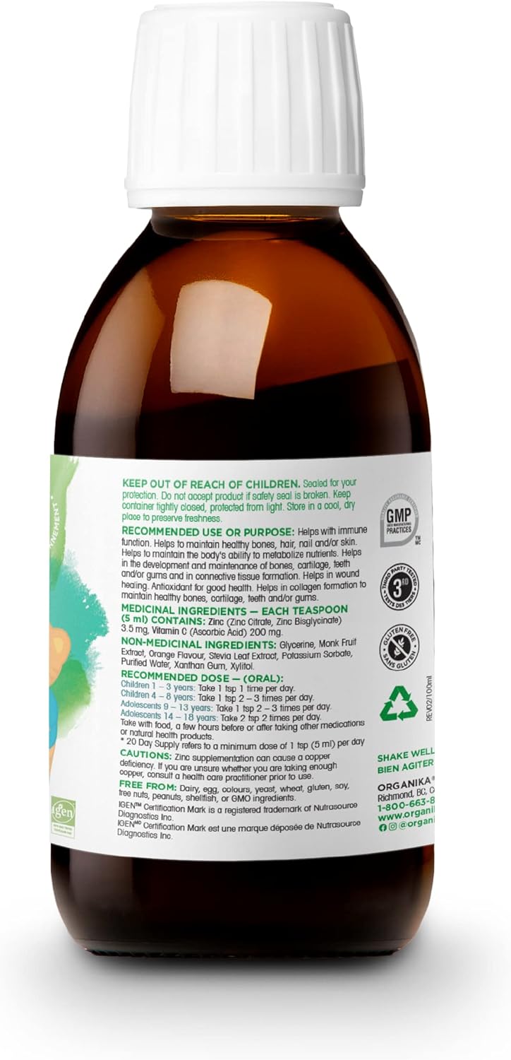 Organika 加拿大製造兒童液體鋅，含維生素 C，甜橙味，免疫功能支持，100 毫升