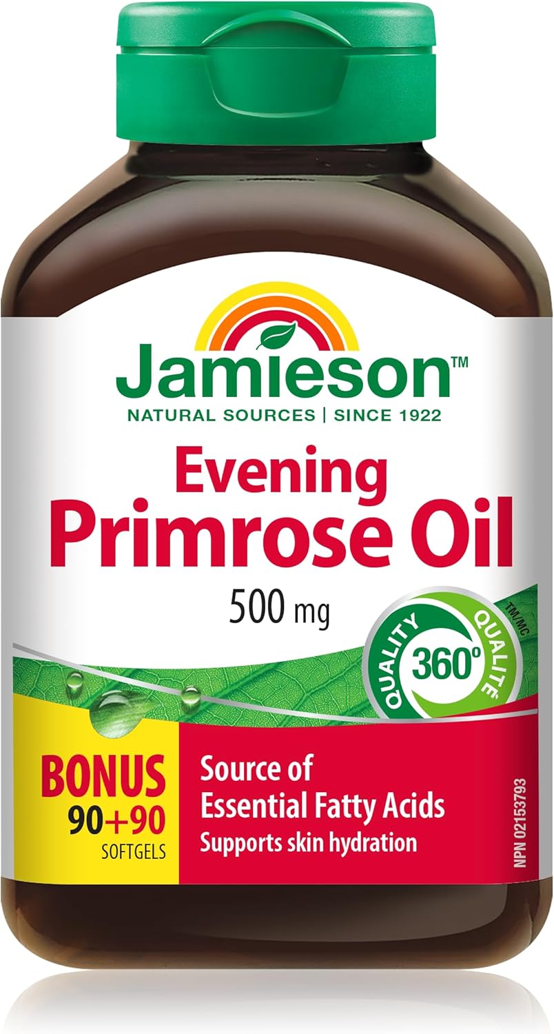 Jamieson Evening Primrose Oil 500 mg with Vitamin E, Omega-6, Supports Skin Hydration, Skin Smoothness, Reduces Acne Symptoms, and Provides Ezcema Symptom Support. Non-GMO, Gluten-Free, 180 Softgels, Proudly Canadian