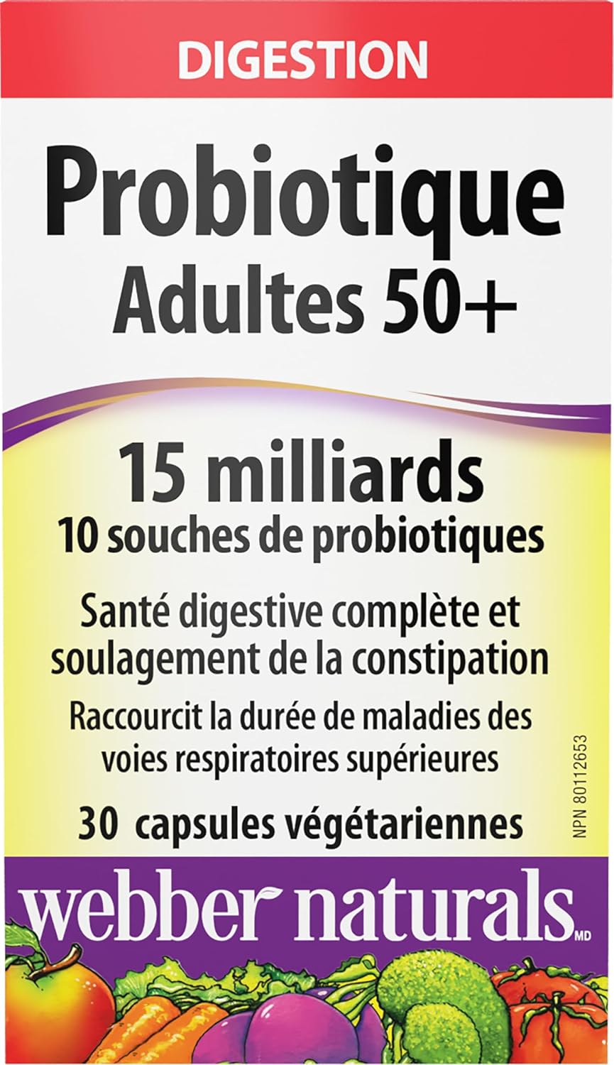 Webber Naturals Probiotic Adult 50+, 15 Billion Active Cells, 10 Probiotic Strains, 30 Capsules, For Digestive Health and Constipation Relief, Vegan