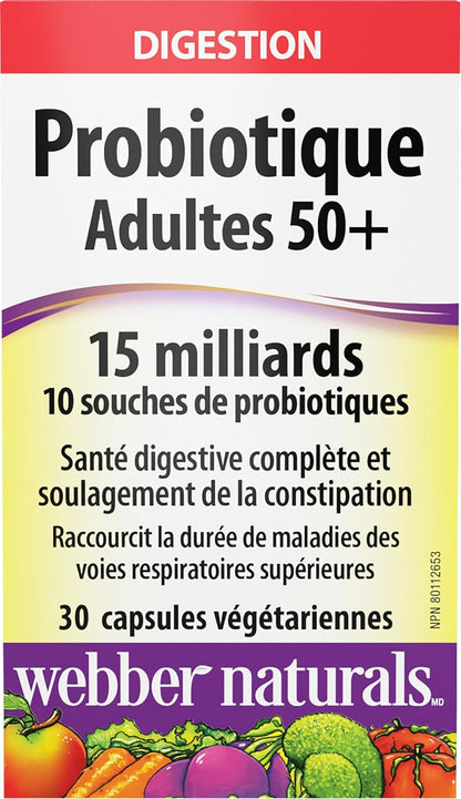 Webber Naturals Probiotic Adult 50+, 15 Billion Active Cells, 10 Probiotic Strains, 30 Capsules, For Digestive Health and Constipation Relief, Vegan