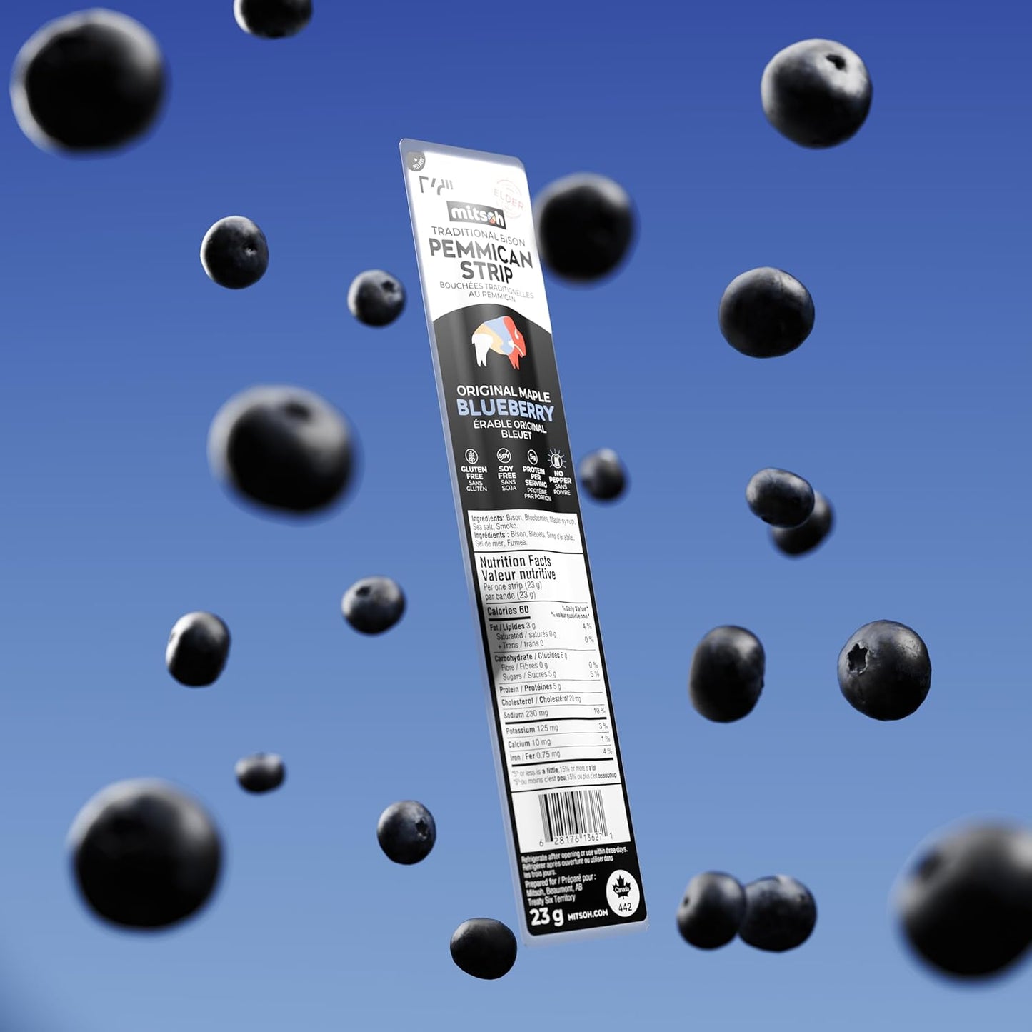 野牛蓝莓肉干零食 | 原住民超级食物 | 采用草饲野牛制成 | 加拿大原住民所有 | 高蛋白、无麸质、无大豆，4 包