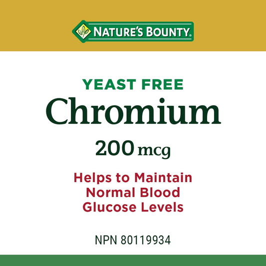 NATURE'S BOUNTY Chromium, Yeast Free, 200 mg, Helps Maintain Normal Blood Glucose Levels, Helps to maintain the body's ability to metabolize nutrients, Provides Support for Healthy Glucose Metabolism, Tablets, 27 g